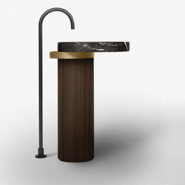 Picture of Freestanding washbasin wn70630g000mq eccentrio, falper, black marquina round marble basin, noce brown base, 630x560x900, stainless steel towel holder