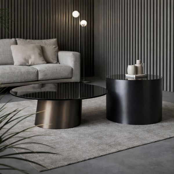 Picture of Coffee table pisa d.95 small, bonaldo, dimensions 95x95x30cm, metal base, glass top, bronze