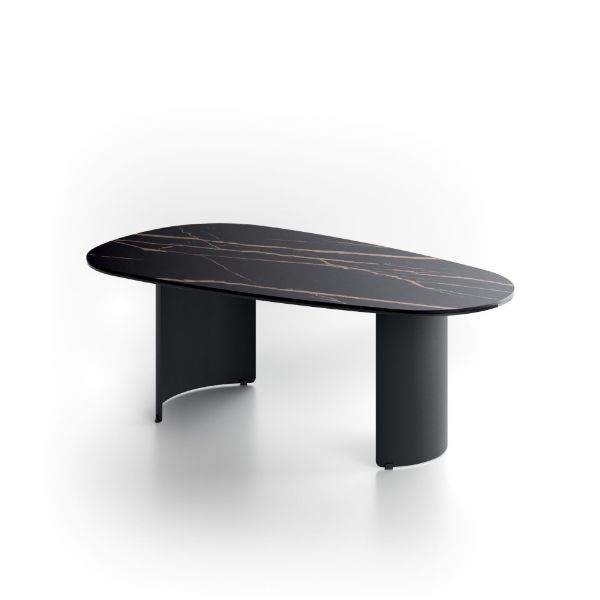 Picture of Coffee table, dolmen, ceramic top on glass, metal painted structure, black portoro marble top, 55cm X 100cm H. 35cm