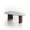 Picture of Coffee table, dolmen, ceramic top on glass, metal painted structure, calacatta gold marble top, bronze painted metal structure, 55cm X 100cm H. 35cm