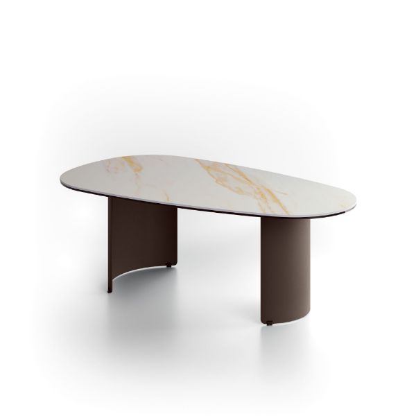 Picture of Coffee table, dolmen, ceramic top on glass, metal painted structure, calacatta gold marble top, bronze painted metal structure, 55cm X 100cm H. 35cm