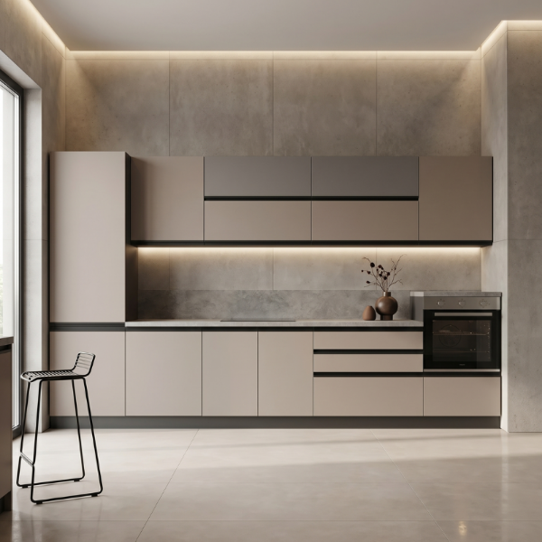 Picture of Kitchen, katty, left-hand configuration, appliances included, beige and gray finish, 360×240 cm