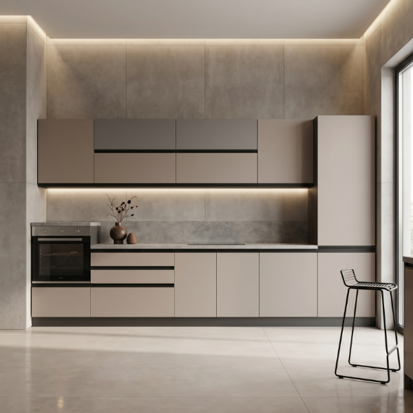 Picture of Kitchen, katty, right-hand configuration, appliances included, beige and gray finish, 360×240 cm